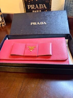Prada Hot Pink Saffiano Bow Continental Wallet